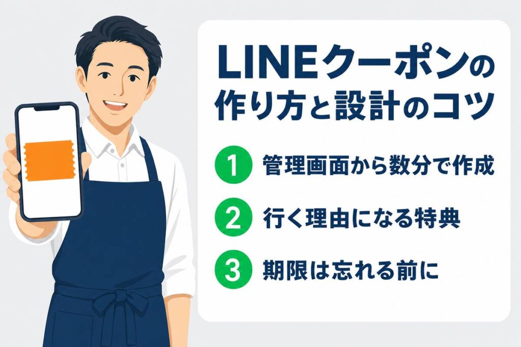 LINEクーポンの作り方と設計のコツを紹介するアイキャッチ画像。管理画面から数分で作成、行く理由になる特典、期限は忘れる前に