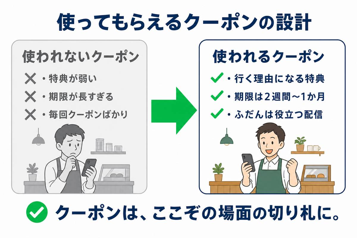 使われないクーポンと使われるクーポンの違いを比較した図解。行く理由になる特典、期限は2週間から1か月、ふだんは役立つ配信