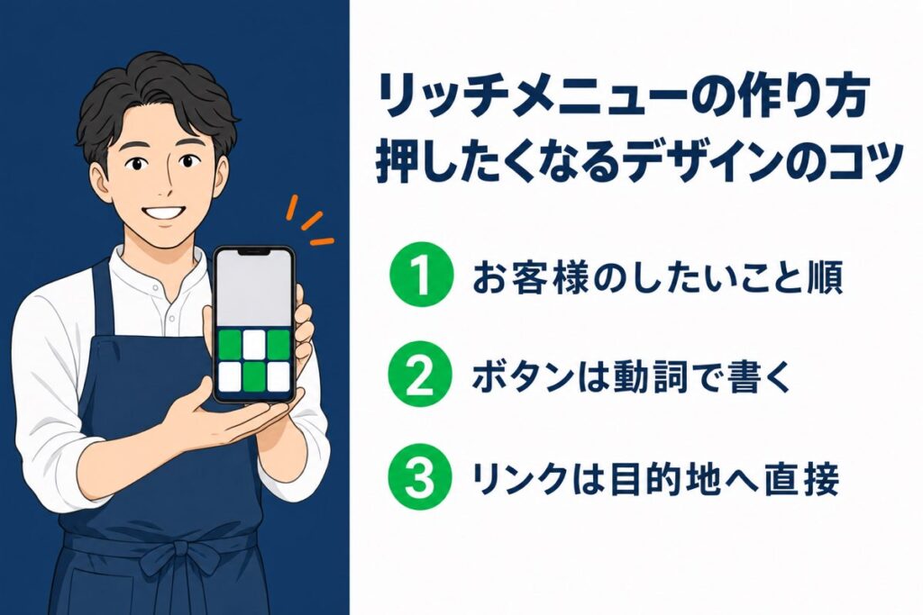 エプロン姿の店主がスマートフォンのリッチメニューを見せているアイキャッチ画像。リッチメニューの作り方と押したくなるデザインのコツ。