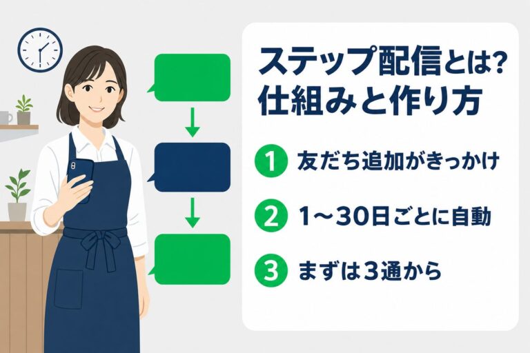 ステップ配信とは？　仕組みと作り方を紹介するアイキャッチ画像。友だち追加がきっかけ、1〜30日ごとに自動、まずは3通から